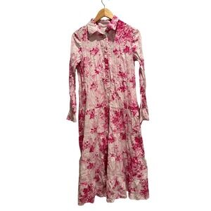 ERDEM Pink Floral Tiered Midi Shirt Dress Long Sleeve Pockets Romantic Cottage